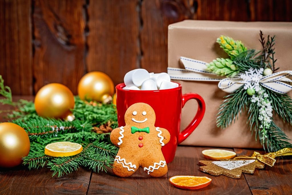 Lebkuchenmann an roter Tasse mit Marshmallows und Tannenzweigen und Geschenk im Hintergrund