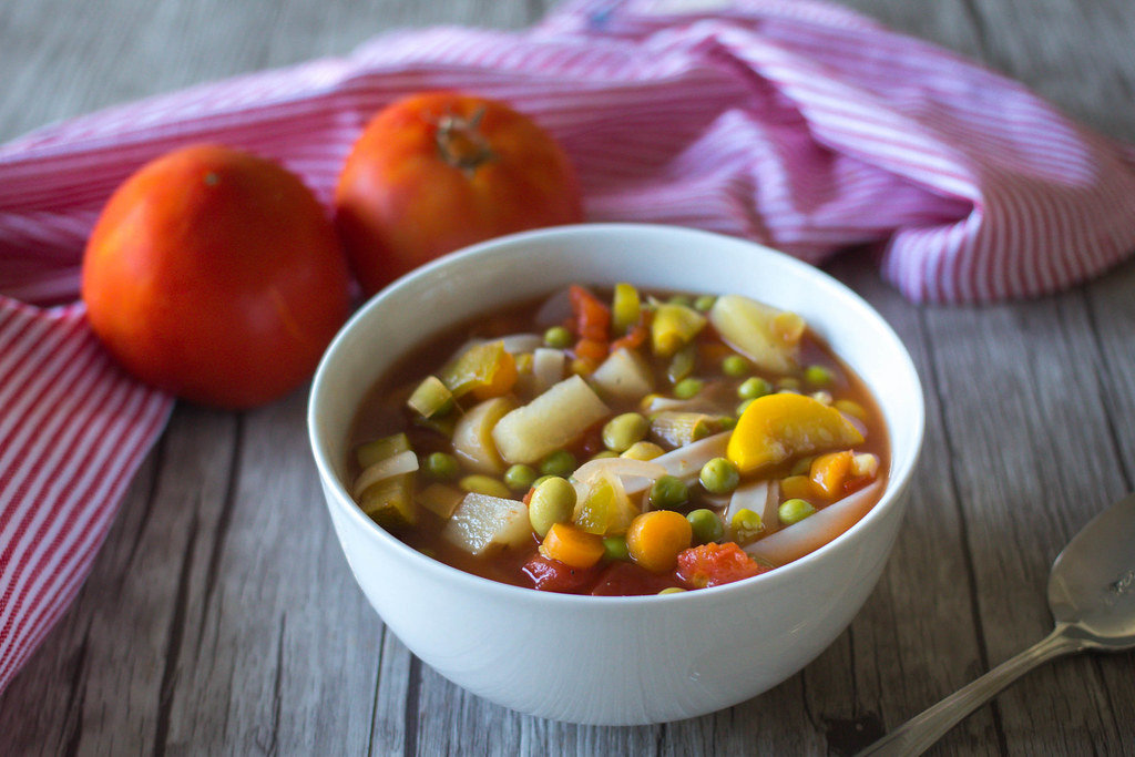 Minestrone Soupe in a White Bowl