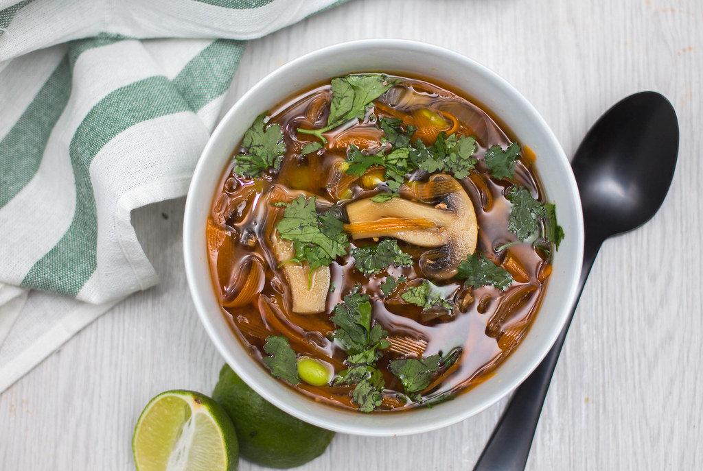 Asian Soup with Mushroom and Carrot Top View