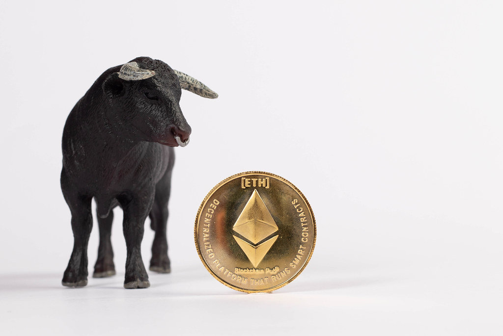 Big black bull with Ethereum coin isolated on white background