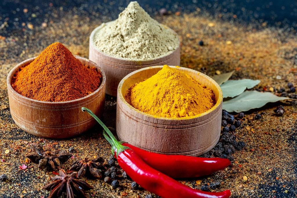 Exotic spices, curry, chili and star anise