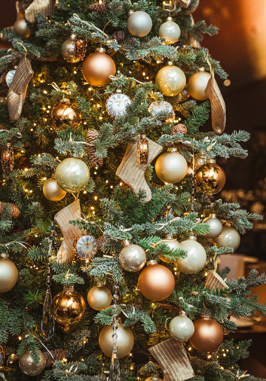 Christmas Tree With Golden Balls, Socks And Clocks