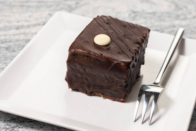 Square Chocolate Cream cake with fork