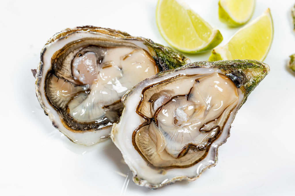 Fresh oysters on ice with lemon wedges