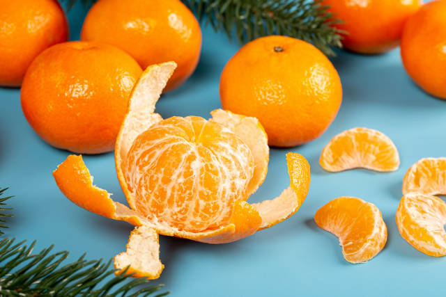 Peeled and whole tangerines on a blue background with branches of a christmas tree
