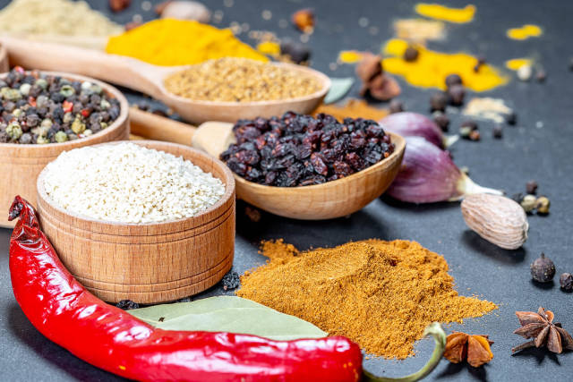 Natural spices: turmeric, ginger, pepper, mustard, barberry, garlic and pepper