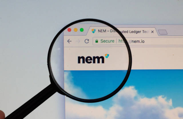 NEM-Logo am PC-Monitor, durch eine Lupe fotografiert