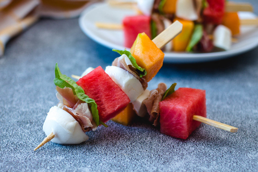 Melon, prosciutto and cheese  skewers