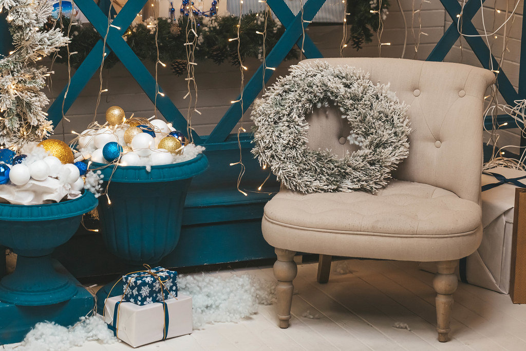 Armchair with a wreath in a christmas interior