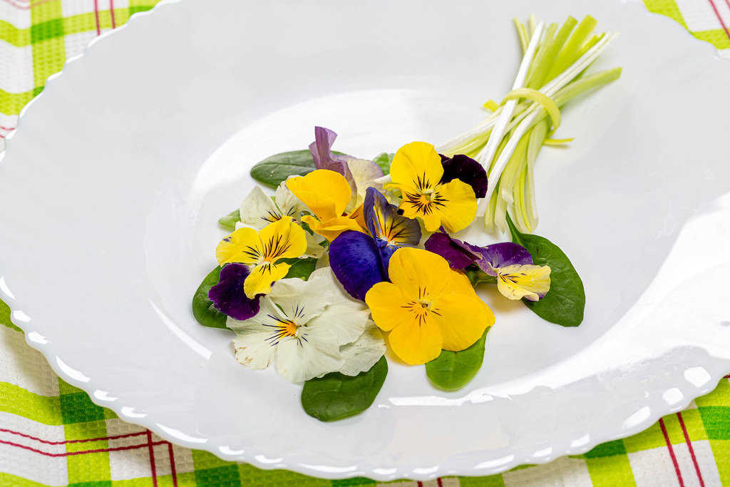 An edible bouquet of salad leaves and flowers