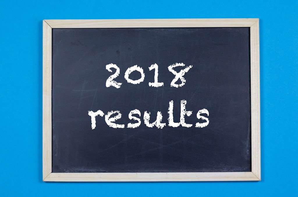 2018 results written on a black chalkboard on blue background