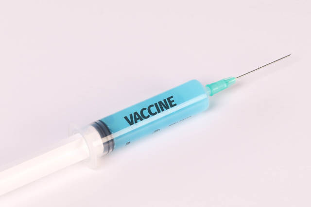 Medical syringe with Vaccine text on it on white background