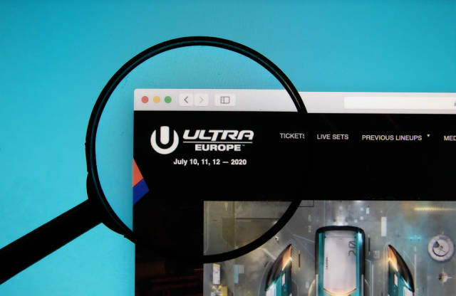 Ultra Europe Festival logo on a computer screen with a magnifying glass