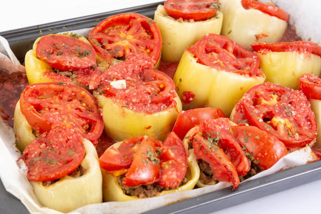 Paprika stuffed with Minced Meat in baking tray
