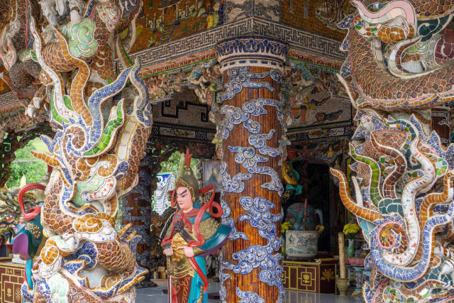 Statues, Mosaic Ornaments and Offerings at Linh Phuoc Pagoda in Da Lat, Vietnam