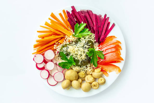 Top view, plate with vegetables and mushrooms on a white background