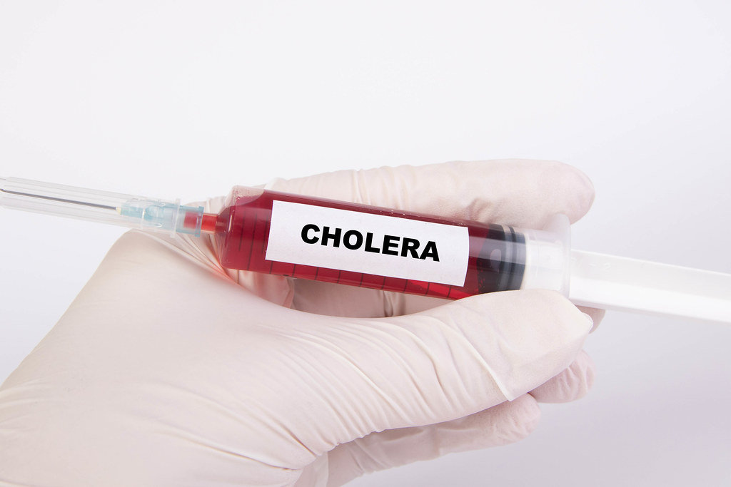 Injection needle with Cholera text