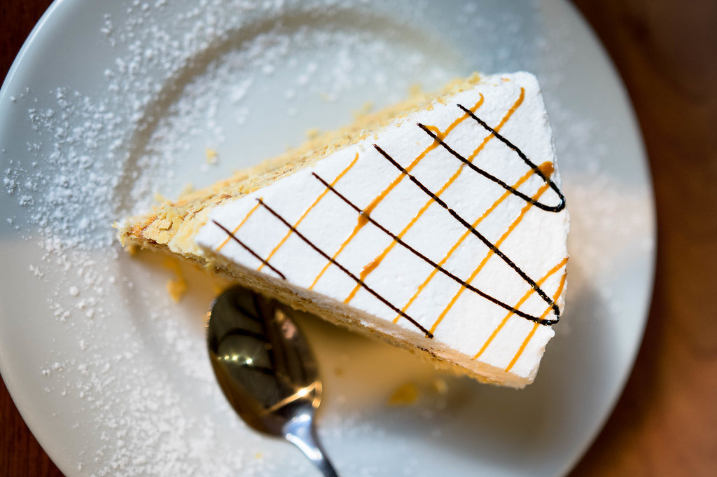 Top down of  a slice of Chilean Cake