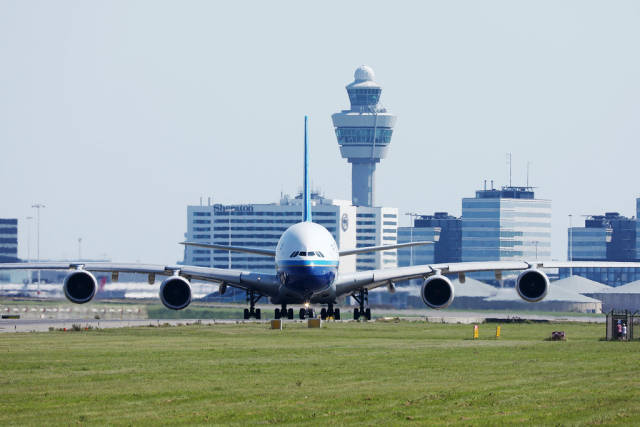 China Southern Airlines A380 at Amsterdam Airport, front view
