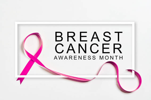 Breast cancer awareness month banner with pink ribbon