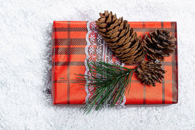Gift box for the New year decorated with Christmas tree branches and cones on the background of snow