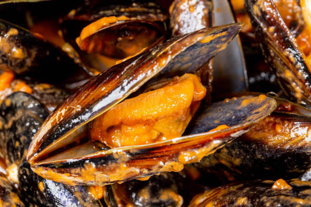 Macro close up of appetizing fresh sea mussels