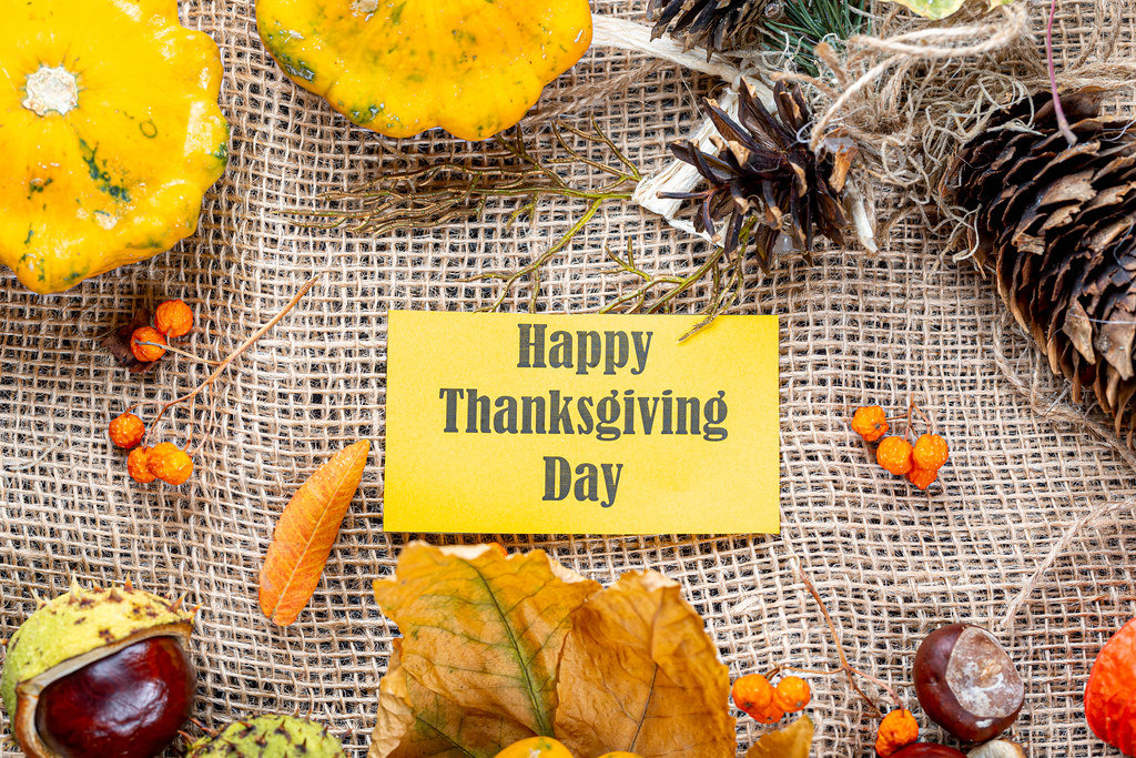 Happy Thanksgiving tag with cones, berries and dry leaves