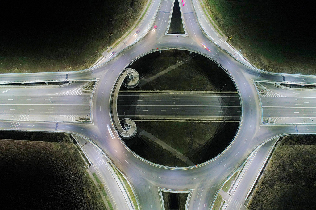 Night view of roundabout from drone