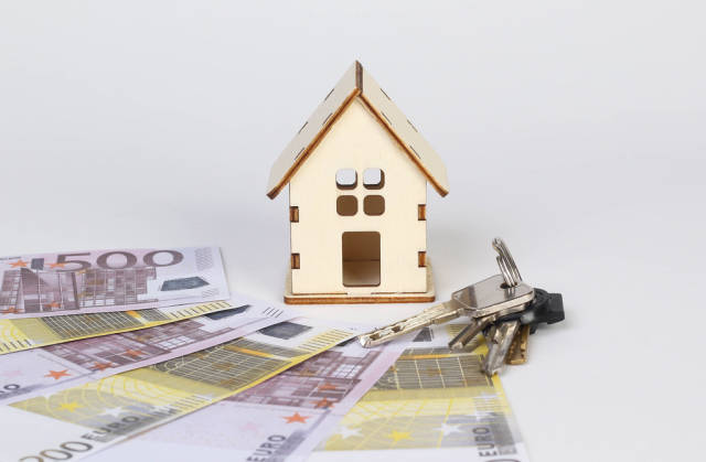 Tiny wooden house with keys and Euro banknotes