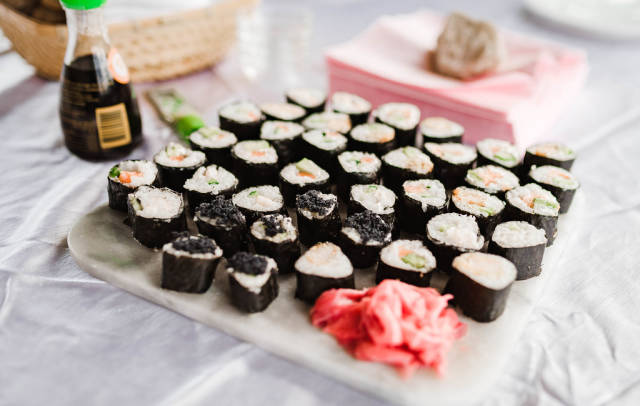 Sushi Mix With Ginger On White Table