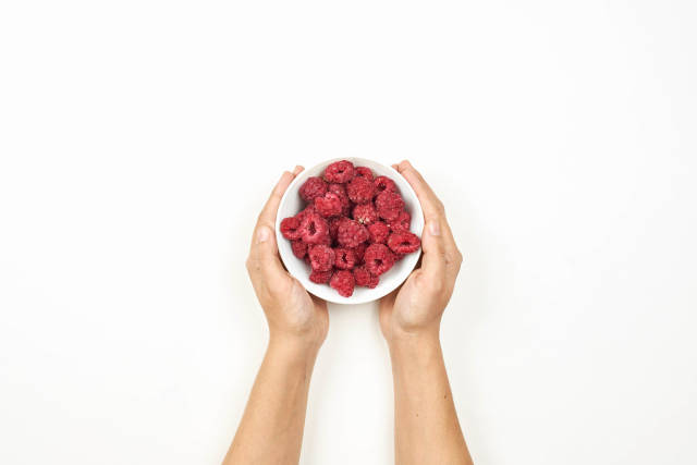 Woman hands holding a bowl of freshly picked raspberries