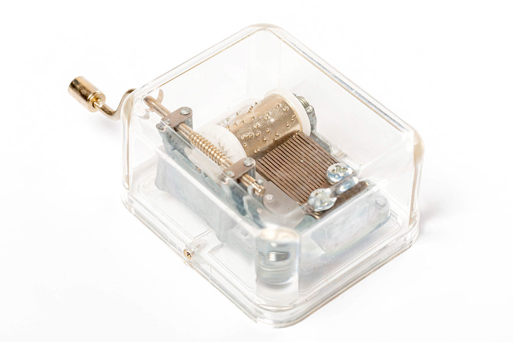 Musical box inside mechanism close up