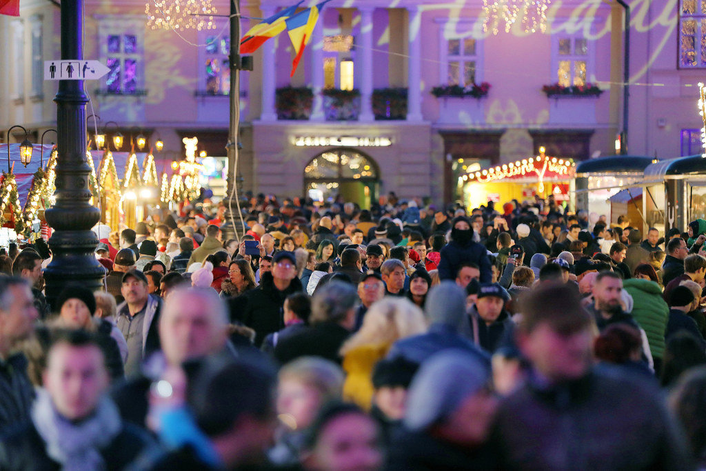 Many people at Christmas market in Sibiu, Romania