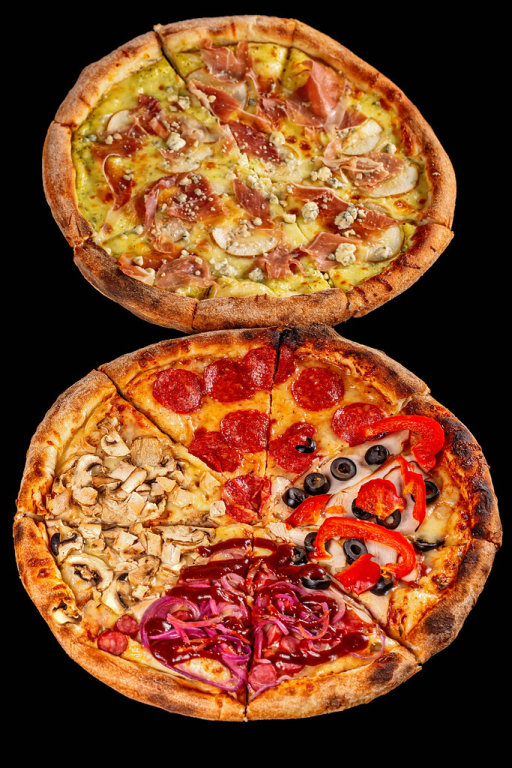 Two round delicious Italian pizza on a black background