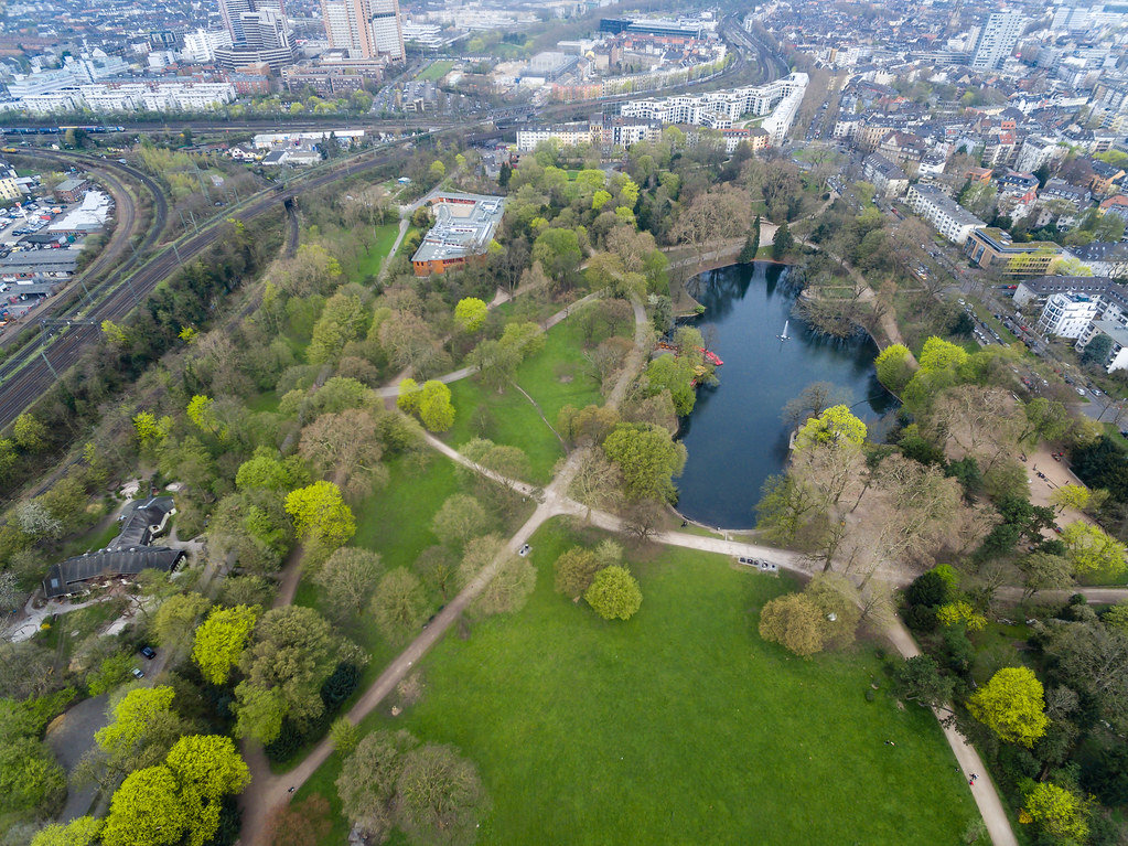 Grüne Flächen im Park Volksgarten in Köln. Luftbild