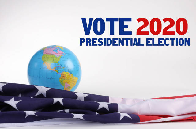 American flag with globe and Vote 2020 Presidential Election text