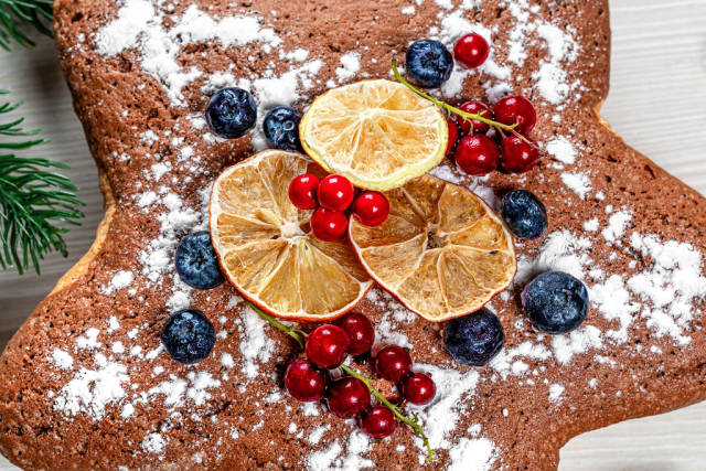 Close-up sponge cake with berries and dried citrus slices