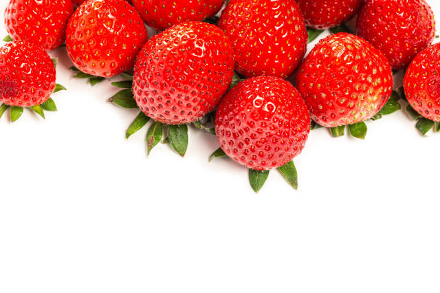 Freshly harvested strawberries on white with free space