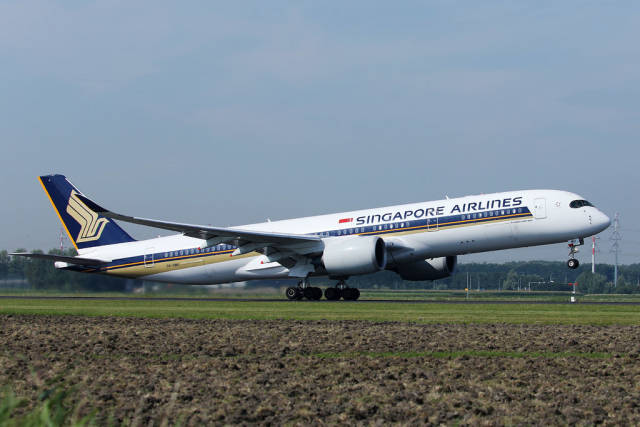 Singapore Airlines taking off from Amsterdam Airport AMS