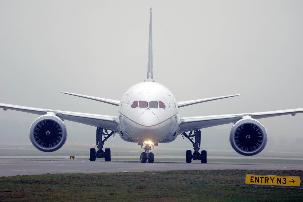 Boeing B787-10 Dreamliner airplane in Munich Airport, front view