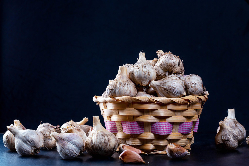 Wicker basket full of garlic on black background