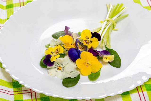 Essbarer Strauß aus Salatblättern und Blüten auf weißem Teller