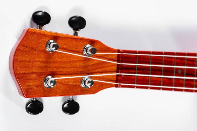 Nahaufnahme Gitarrenhals einer hölzernen Gitarre mit vier Saiten vor weißem Hintergrund