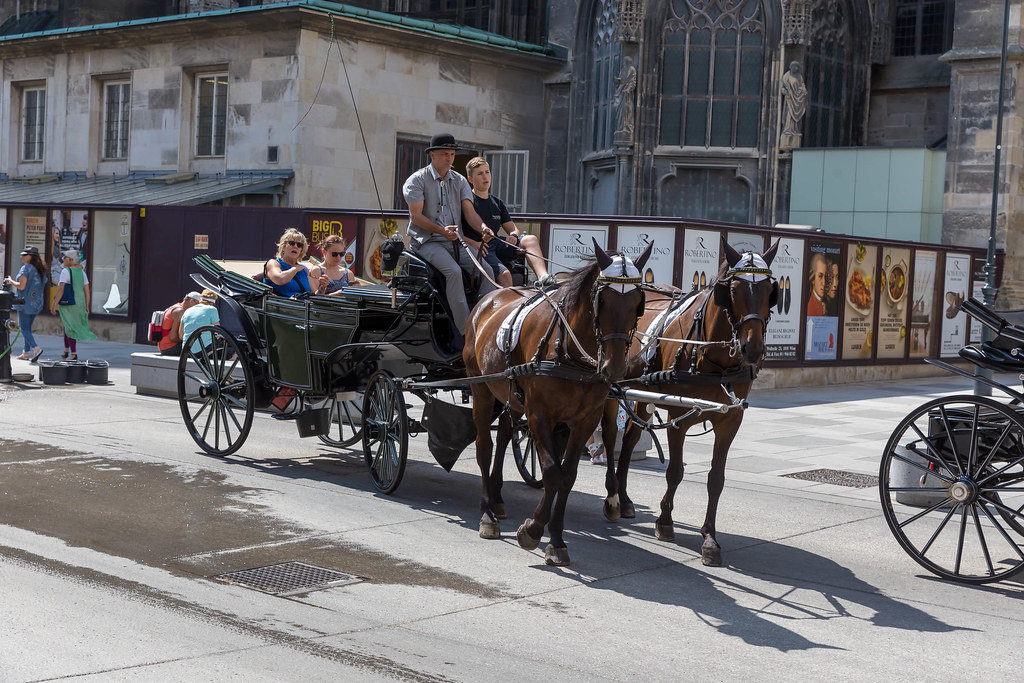 Touristen in einem Wiener Fiaker beim Stephansdom