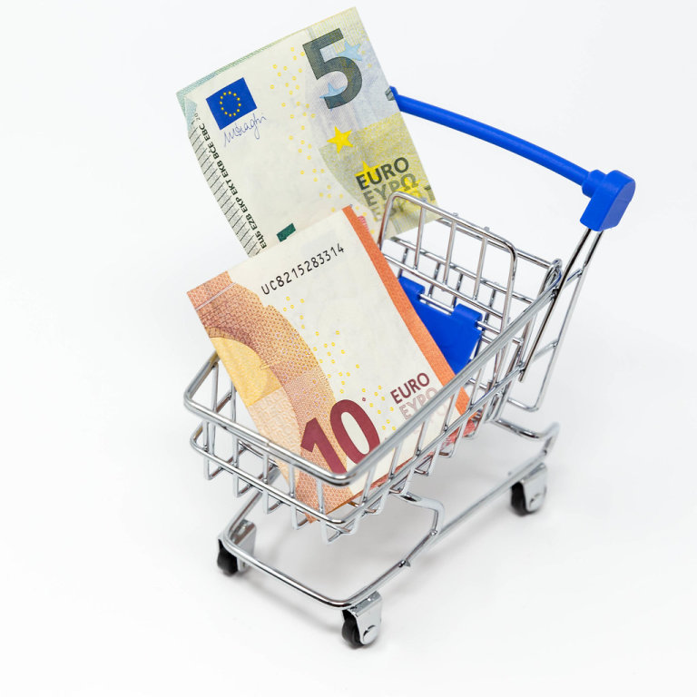 Einkauf  - Ausgaben Konzept - Geldscheine in einem Einkaufswagen