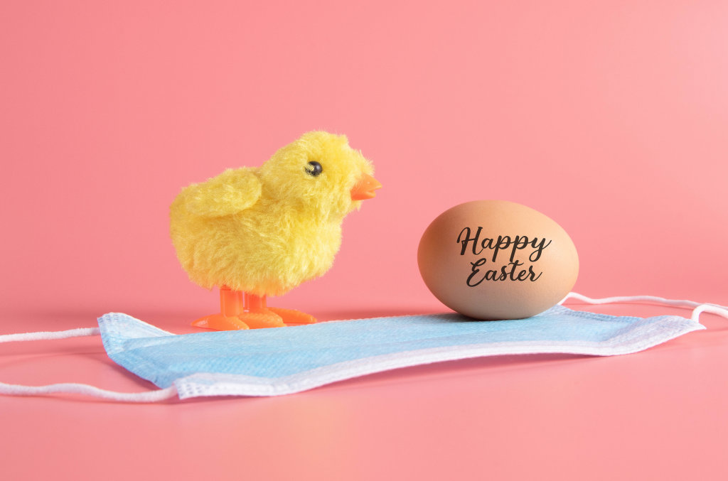Cute little chicken, medical face mask and egg with Happy Easter text