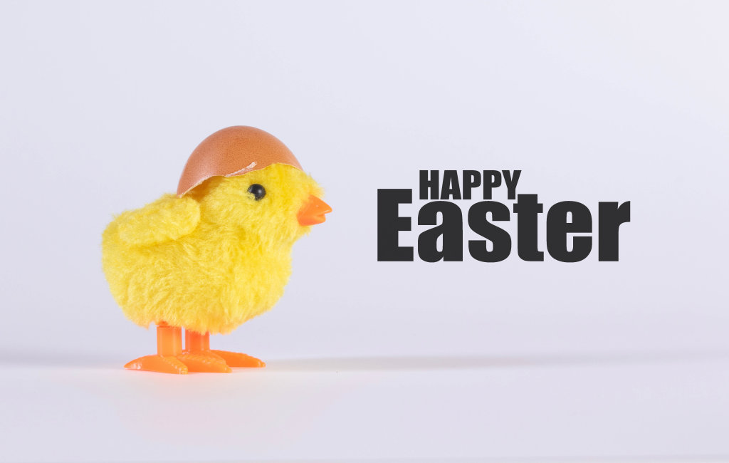 Small yellow chicken with Happy Easter text