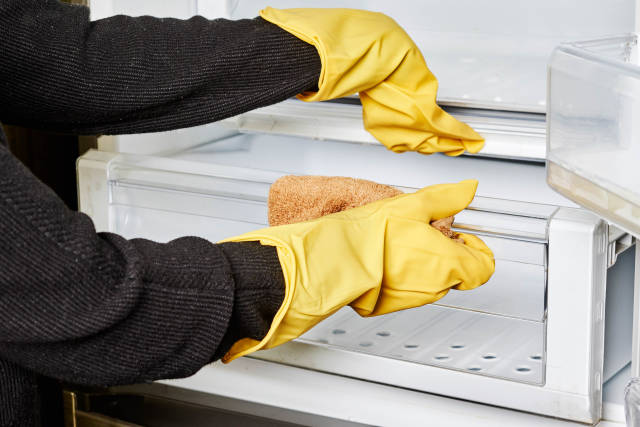 A female in rubber gloves cleans salad crisper drawers of the fridge