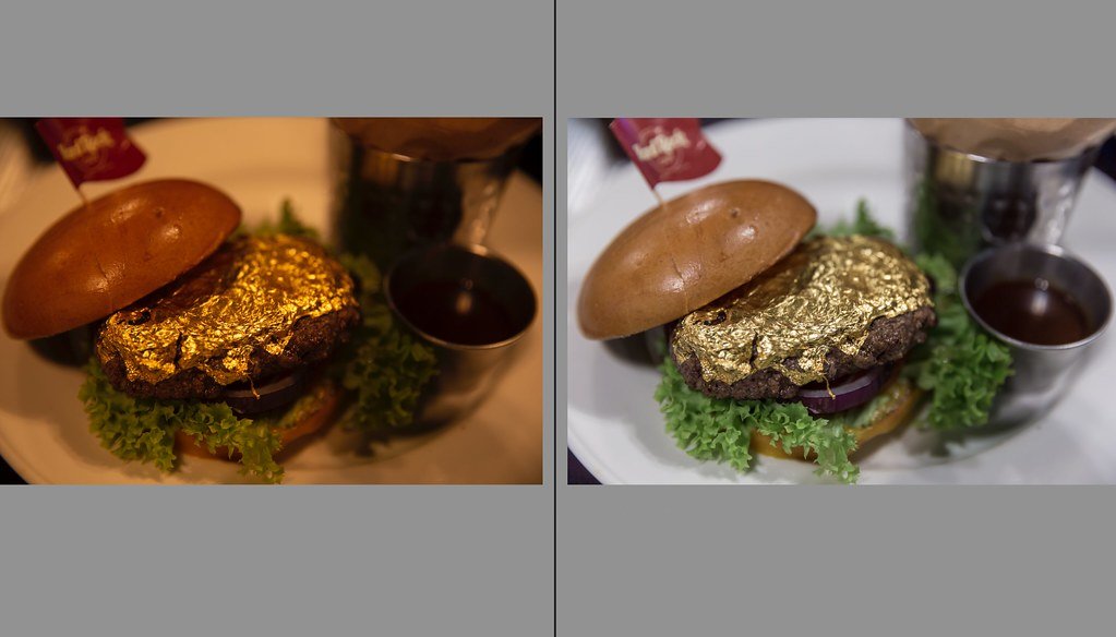 White Balance Example in Adobe Lightroom: Gold Burger too red (left) and normalized (right)