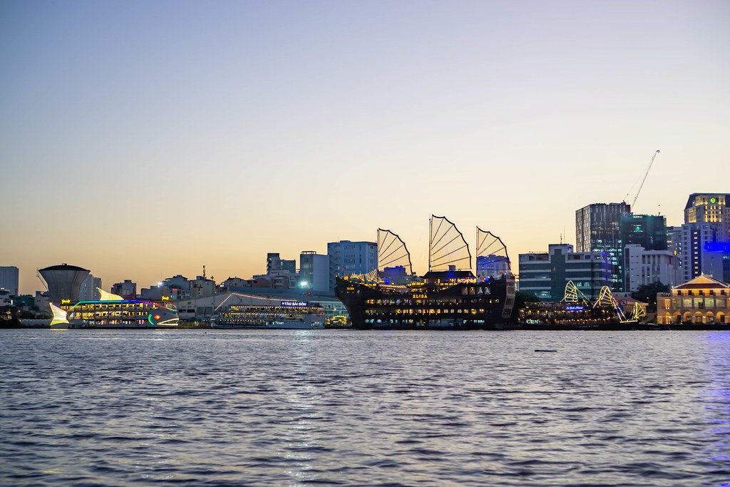 Boats in the Harbour of Saigon River in District 1 of Ho Chi Minh City